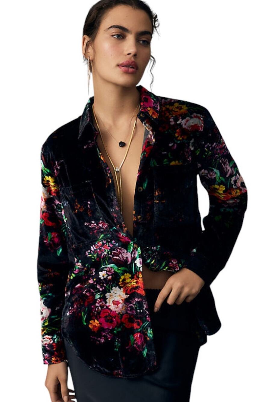 Anthropologie Pilcro Black Relaxed Floral Velvet Button Down Shirt